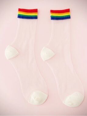 Rainbow White Sheer mesh Crew Socks with Rainbow Cuff - Unbranded